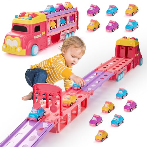 Warmiehomy Autotransporter Spielzeug für Mädchen ab 3 4 5 6 Jahren, 7 in 1 Transport Truck Spielzeug Auto mit Licht und Musik, Weihnachten Geburtstag Geschenke für Mädchen Kinder von Warmiehomy