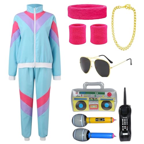 Warton Premium 70er 80er 90er Jahre Retro Trainingsanzug Retro Kostüm Gangster Prolet Bad Taste Proll Assi Herren Damen Motto Karneval Fasching Blau XL von Warton