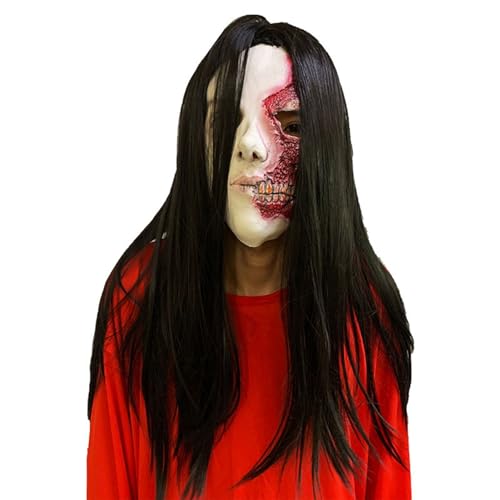 Washranp Halloween Ghost Masque Long Hair Latex Headgear Creepy Scary Evil Female Full Head Cosplay Props Maskerade Party Costume Black von Washranp