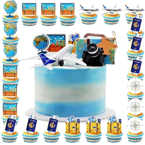 Flugzeug-Kuchenaufsatz, Flugzeug-Kuchenaufsätze, Cupcake-Topper, Reise-Themen-Dekorationen mit 3D-Flugzeug-Kamera-Koffer, Bon Voyage-Dekorationen, Abenteuer-Reise-Dekor für den Ruhestand, 30 Stück von Wasise