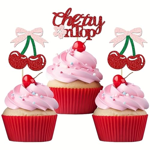 Wasise Kirschkuchendekorationen – 24 Stück Cupcake-Topper, Kirschen Motto-Party-Dekorationen, Babyparty-Kuchenaufsatz, Kirschkuchenaufsatz, Obst-Cupcake-Dekoration, Glitzer-Cupcake-Dekoration von Wasise