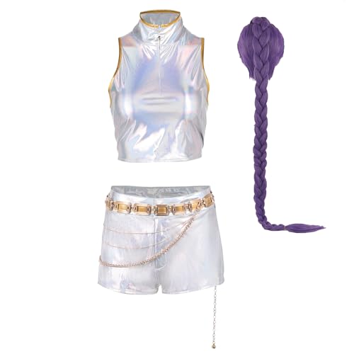 Waslary Hunters Cosplay Rumi Kostüm mit Perücke Damen Weißes Oberteil Shorts Gürtel Halloween Kostüm Set von Waslary