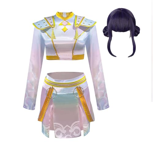 Waslary Hunters Cosplay Rumi Kostüm mit Perücke Damen Weißes Oberteil Shorts Gürtel Halloween Kostüm Set von Waslary