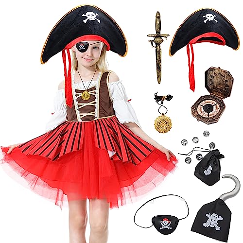 Waslary Piratenkostüm Kinder Mädchen Halloween Piraten Kostüm Accessoires Piratenhut Kinder Pirat Cosplay Costume Karneval Fasching Kostüm (146) von Waslary