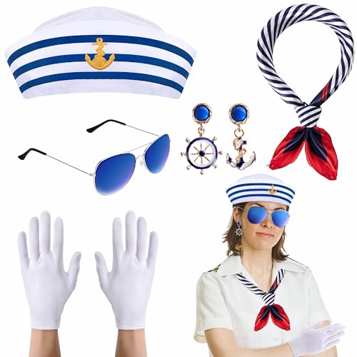 Watayo 5 Stück Halloween Nautische Matrosenmütze und Schal Cosplay Outfit, Yachtkapitän, Matrosenmütze, Schal, Sonnenbrille, Handschuhe, Ohrringe, Halloween Matrosen-Kostüm, Zubehör für Damen und von Watayo