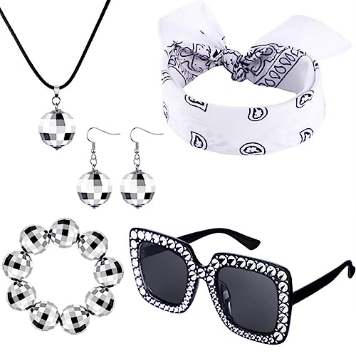 Punk Mittelalterliche Haare Reifen Mit Disco Ball Ohrring & Halskette Frauen Sonnenbrille Armreif Für Festivalparty Auftritte Disco Halskette von Watreketal