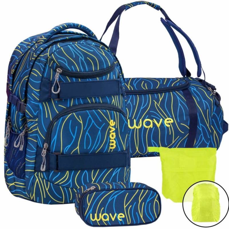 Wave Schulrucksack Set YELLOW LINES 4teilig mit Sporttasche Schlamper und Regenschutz von Wave