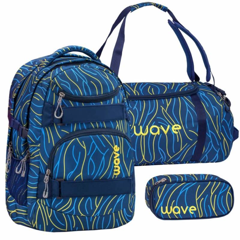 Wave Schulrucksack Set YELLOW LINES 3teilig mit Sporttasche und Schlamper von Wave