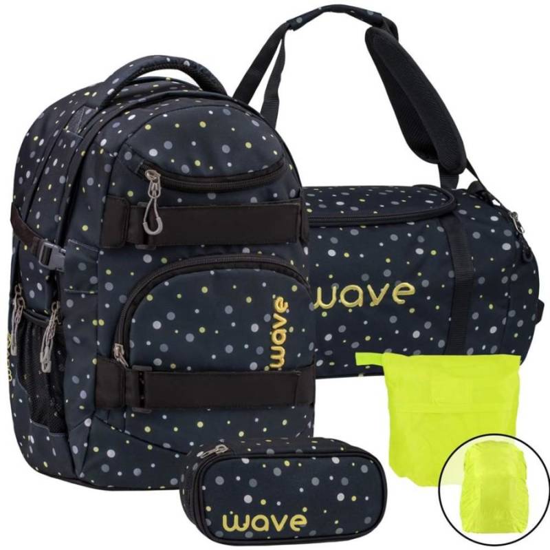 Wave Schulrucksack Set BLACK AND YELLOW DOTS 4teilig mit Sporttasche Schlamper und Regenschutz von Wave