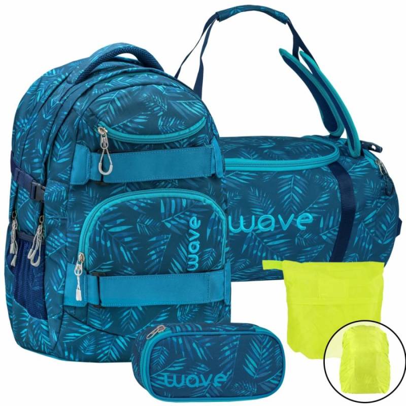 Wave Schulrucksack Set JUNGLE VIBE 4teilig mit Sporttasche Schlamper und Regenschutz von Wave
