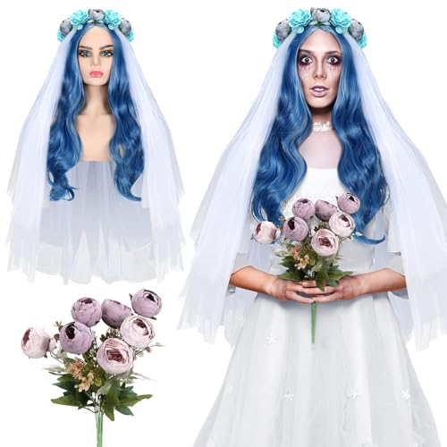 Wavwavw Geisterbraut-Kostüm, Dekoration, Halloween, Erwachsene, Cosplay, Set mit langen lockigen blauen Perücken, weißer Brautschleier, Blumenkrone und Rosenstrauß für Damen, Zubehör von Wavwavw