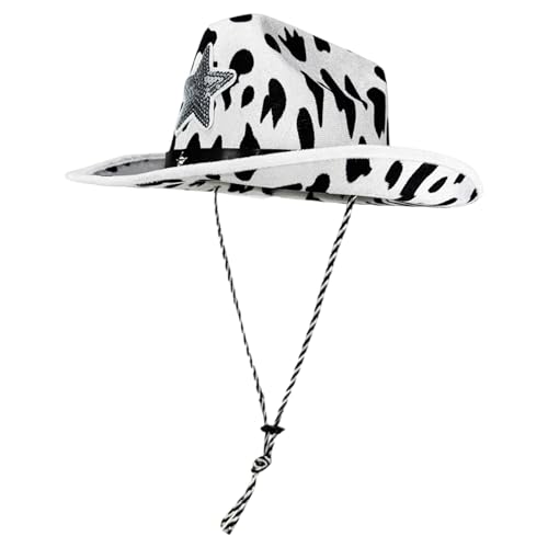 Wayfadacc Atmungsaktiver Cowgirl-Hut aus Baumwolle mit Pailletten, Stern-Kuh-Druck, Dekoration, praktische Cosplay-Kappen für Western-Themenveranstaltungen von Wayfadacc
