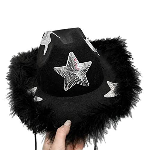 Wayfadacc Cowgirl Hats Cow Girl Mit Pailletten Star Gefiederte Trimmverstellbare String Streicher Größe Cowboyhut Für Party von Wayfadacc