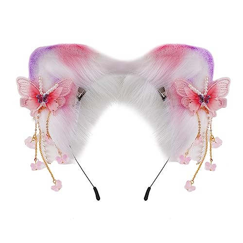 Wayfadacc Haarreif mit bunten Kätzchenohren, Cosplay, mit Schmetterling/Blume, für Damen, Teenager, für Live-Übertragung, Karneval, Haarband von Wayfadacc
