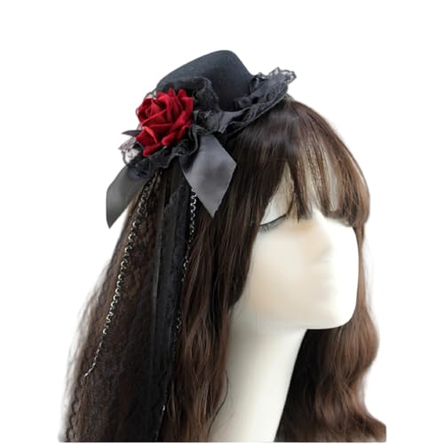Wayfadacc Punk-Rosen-Blumen-Spitzenhut mit Haarspange, Anime-Kopfbedeckung für Frauen, Musik-Festivals und alltägliche Frisuren, Halloween-Requisiten von Wayfadacc