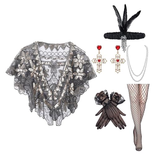 Wayfadacc Vintage 20er Jahre Damenkostüm-Set, glitzernde Perlenkette, Schulterschal und elegante Accessoires für Partys Wayfadacc Vintage 20er Jahre Damenkostüm-Set, glitzernde Perlenkette, Schulterschal und elegante Accessoires für Partys von Wayfadacc