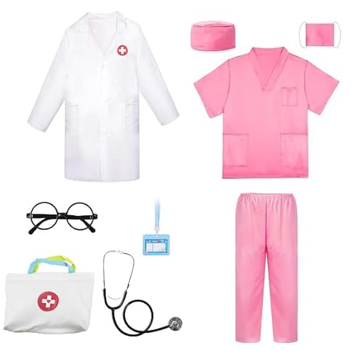 Wbesty Arzt Kostüm für Kinder 9PC Jungen Mädchen Arzt Rolle spielen Outfit mit Tasche Kinder Scrubs Dress Up für Halloween Pretend Play von Wbesty