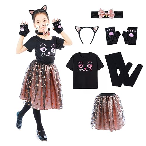 Wbesty Halloween Schwarz Katze Kostüm für Mädchen mit Slim Fit Katze Gesicht T-Shirt, Bogen Kragen mit Glocken und Gold Puffy Kleid, 5-6Jahre Wbesty Halloween Schwarz Katze Kostüm für Mädchen mit Slim Fit Katze Gesicht T-Shirt, Bogen Kragen mit Glocken und Gold Puffy Kleid, 5-6Jahre von Wbesty