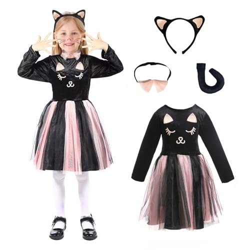 Wbesty Halloween Schwarze Katze Kostüm für Mädchen mit rosa Tutus, Katzenohren Stirnband und Schwanz, Schleifenhalsband,7/8 Jahre alt Wbesty Halloween Schwarze Katze Kostüm für Mädchen mit rosa Tutus, Katzenohren Stirnband und Schwanz, Schleifenhalsband,7/8 Jahre alt von Wbesty