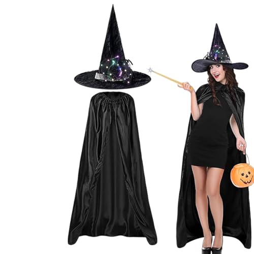 Wcybym Halloween-Hexenumhang, Halloween-Kostüme, Hexenumhang, schwarzer Umhang, Set mit beleuchtetem Hexenhut, Halloween-Kostüme für Erwachsene, für Rollenspiele Wcybym Halloween-Hexenumhang, Halloween-Kostüme, Hexenumhang, schwarzer Umhang, Set mit beleuchtetem Hexenhut, Halloween-Kostüme für Erwachsene, für Rollenspiele von Wcybym