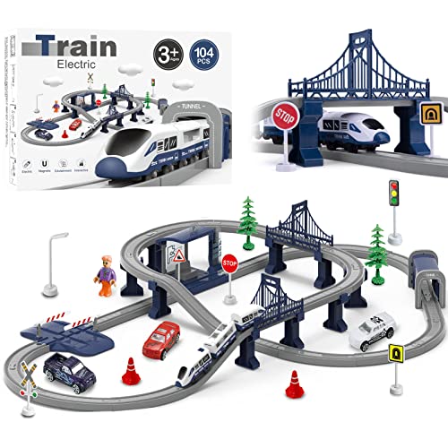 Wdmiya Elektrische Eisenbahn für Kinder ab 3 4 5 6 7 8 Jahren, Flexibler Schienensatz mit 104 Teilen, Baufahrzeuge, Pädagogisches Rennstrecken-Spiel, Weihnachten oder Geburtstag(104PCS) von Wdmiya
