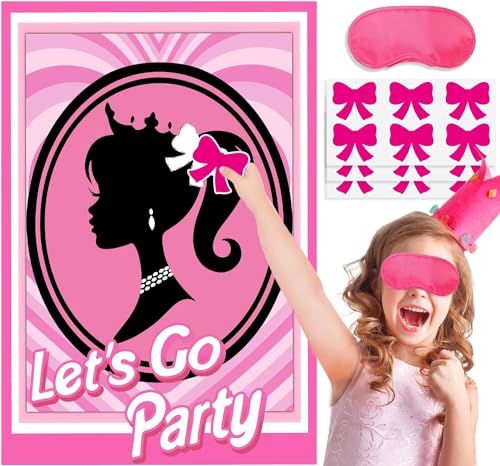 We1stdsee Barbies Geburtstag Party Deko, Pin The Bow Sticker auf dem Kopf Partyspiele, Großes Poster mit 24Pcs Bow Stickers für Geburtstagsparty Party Deko Mädchen von We1stdsee