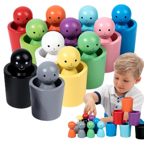 Pädagogischer Farbklassifizierungsbecher aus Holz, Farbsortierbecher und Menschen, farblich passende Steckpuppen in Becherspielzeug, 12 Stück Steckpuppen in Bechern für Erlernen des Farbsortierens und von Weairotp