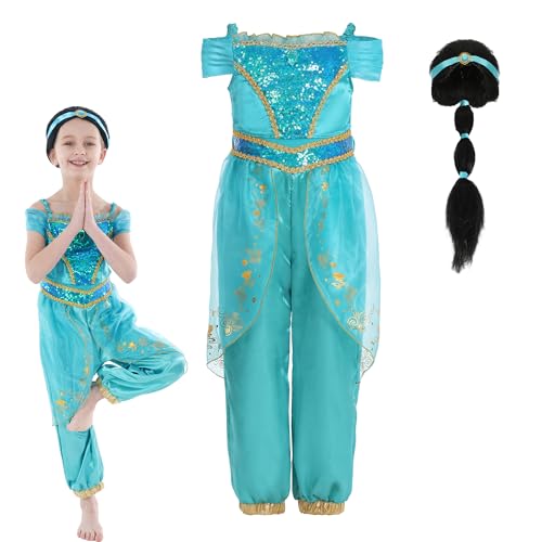 Jasmin Prinzessin Kostüm für Mädchen, Jasmin Kostüm Kinder mit Perücke, Prinzessin Jasmin Dress Up für Geburtstagsfeier 5-6 Jahre Jasmin Prinzessin Kostüm für Mädchen, Jasmin Kostüm Kinder mit Perücke, Prinzessin Jasmin Dress Up für Geburtstagsfeier 5-6 Jahre von Webeasy