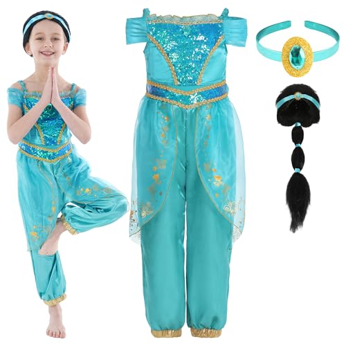 Jasmin Prinzessin Kostüm für Mädchen, Jasmin Kostüm Kinder mit Perücke, Prinzessin Jasmin Dress Up für Geburtstagsfeier 7-8 Jahre Jasmin Prinzessin Kostüm für Mädchen, Jasmin Kostüm Kinder mit Perücke, Prinzessin Jasmin Dress Up für Geburtstagsfeier 7-8 Jahre von Webeasy