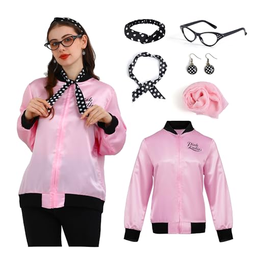 Webeasy 1950er Jahre Rosa Damen Jacke mit Bandana Halstuch Ohrringe Brille Halloween Erwachsene Cosplay Kostüm (XXL) von Webeasy