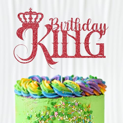 WedDecor Birthday King Cake Topper, Glitter Cupcake Toppers Cake Picks Party Supplies For Men Dads Theme Birthday Party Celebration Desserts Cake Decoration, Red von WedDecor