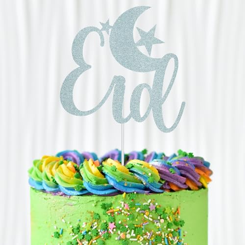 WedDecor Eid Mubarak Glitter Cake Topper Festival Cake Picks of EID Moon & Star, Ramadan Kareem Cake Iftar Decorations, Eid Cupcake Toppers, Islamic Party Supplies, Galvanisiertes Silber von WedDecor
