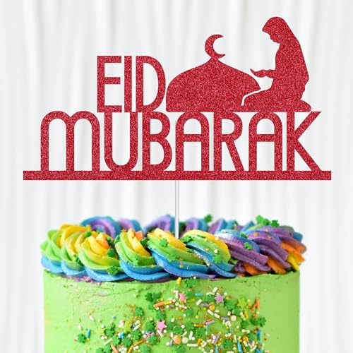 WedDecor Eid Mubarak Glitzer-Kuchenaufsatz, Festival-Kuchenaufsätze, für islamische Gebete, Ramadan-Kareem-Kuchen-Iftar-Dekorationen, Eid-Cupcake-Topper, islamisches Partyzubehör, rot von WedDecor