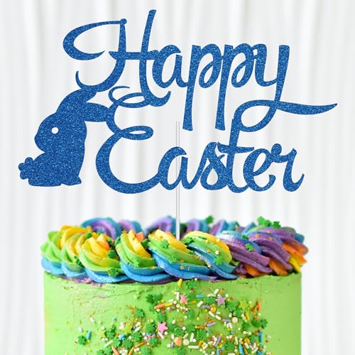 WedDecor Kuchenaufsatz "Happy Easter", blauer Glitzer, Motiv: Hase, sitzendes Osterei, Cupcake-Picks, Happy Spring Ostern, für Kindergeburtstag, Babyparty, Partyzubehör, Dekoration von WedDecor