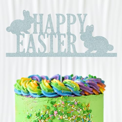WedDecor Kuchenaufsatz "Happy Easter", verzinkt, silberfarben, glitzernd, zwei Hasen, Osterei, Cupcake-Picks, Happy Spring Ostern, für Kindergeburtstag, Babyparty, Partyzubehör, Dekoration von WedDecor