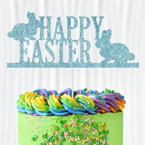 WedDecor Tortenaufsatz "Happy Easter", blau, glitzernd, zwei Hasen, Osterei, Cupcake-Picks, Happy Spring Ostern, für Kindergeburtstag, Babyparty, Partyzubehör, Dekoration von WedDecor