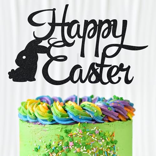WedDecor Tortenaufsatz "Happy Easter", schwarzer Glitzer, Motiv: Hase, sitzendes Osterei, Cupcake-Picks, Happy Spring Ostern, für Kindergeburtstag, Babyparty, Partyzubehör, Dekoration von WedDecor
