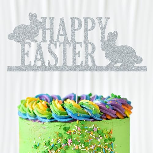 WedDecor Tortenaufsatz "Happy Easter", silberfarben, glitzernd, zwei Kaninchen, Ostereier, Cupcake-Picks, Happy Spring Ostern, für Kindergeburtstag, Babyparty, Partyzubehör, Dekoration von WedDecor