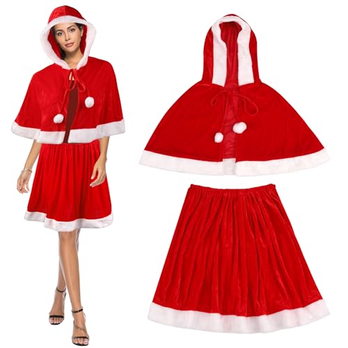 WedDecor Weihnachtsmann-Umhang und Rock-Set – weicher roter Kapuzenumhang mit weißem Fellbesatz | Weihnachts-Kostüm für Silvester, Weihnachtsfeier, Schulspiel oder Heiligabend von WedDecor
