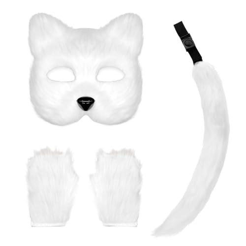 Fuchsmaske und Schwanz mit Fuchspfoten pelzige Maske realistisches personalisiertes Flauschiges Plüsch-Wolfskostüm für Frauen dekoratives pelziges Therian-Kostüm für Halloween Weiß Fuchsmaske und Schwanz mit Fuchspfoten pelzige Maske realistisches personalisiertes Flauschiges Plüsch-Wolfskostüm für Frauen dekoratives pelziges Therian-Kostüm für Halloween Weiß von Wedhapy