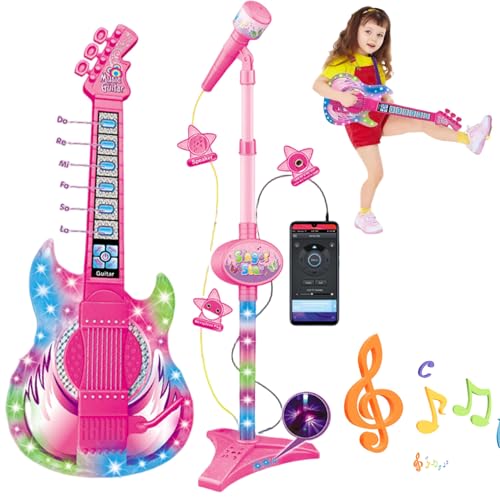 Gitarre und Mikrofon für Kinder, Spielzeuggitarre mit Musik und Licht, höhenverstellbares 2-in-1-Kindermikrofon mit Ständer, Lerninstrumente von Wedhapy