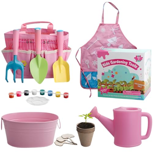 Kids Gardening Set, Kindergartenwerkzeuge 11pcs Kleinkind Gartenset umfassen Schaufel, Rechen, Gabel, Blumentopf, Schürze, Bewässerung können ＆ Einkaufstasche, farbenfrohe Gartengeschenke für Kinder von Wedhapy