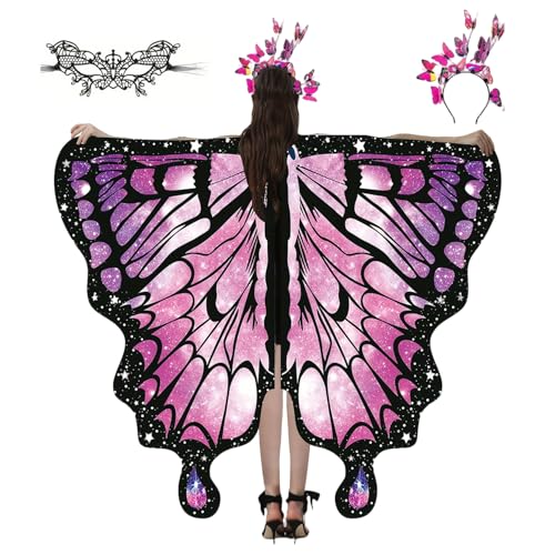 Wedhapy 1 Set Schmetterlingskostüm (3-teilig), doppelseitige Schmetterlingsflügel mit Stirnband und schwarzen Spitzen-Accessoires für Damen-Halloweenkostüme von Wedhapy
