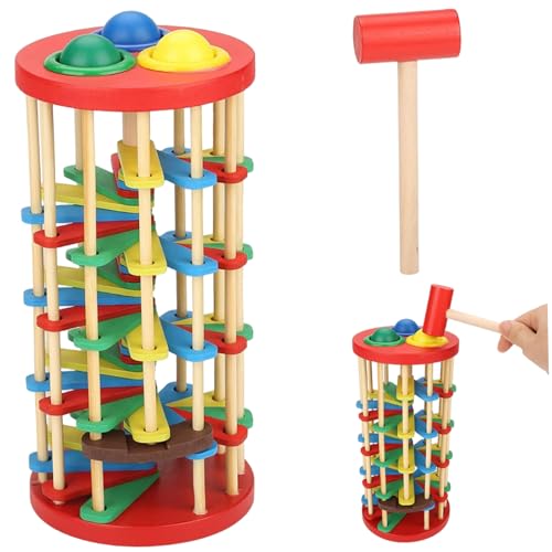 Wedhapy Ball Drop -Spielzeug, hölzerner Ball Dropturm mit wirbelnden Rampen, Hammer und 3 Bällen, pädagogischem Montessori -Spielzeug für Babys Kleinkinder 3 Jahre alt von Wedhapy