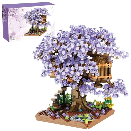 Wedhapy Bausteine Architektur-Sets Kirschblüten-Baumhaus Kunststoff Kirsch-Bonsai-Baum Zusammengebaut Niedlicher Blumenbaum Mini-Bausteine-Sets (Ohne Licht) Lila von Wedhapy