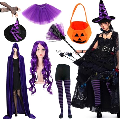 Wedhapy Hexenkostüm, lustige gotische Hexenkostüminnen beinhalten Perücken, Hut, Umhang, Besen, Schuhe, gestreifte Strümpfe und Kleid für Frauen Girl Cosplay Party Accessoire Halloween Dekor von Wedhapy