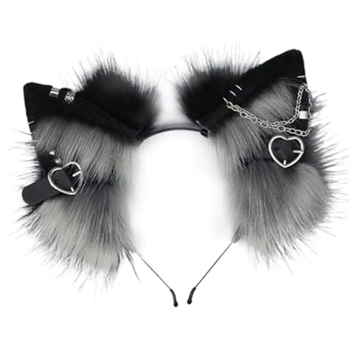Wedhapy Katzenohren-Stirnband Pelzohren-Kopfbedeckung mit Metallherz und Kettendekor Gothic Punk Therian-Ohren Tierohren-Haarband für Schwarze und graue Fuchsohren Wedhapy Katzenohren-Stirnband Pelzohren-Kopfbedeckung mit Metallherz und Kettendekor Gothic Punk Therian-Ohren Tierohren-Haarband für Schwarze und graue Fuchsohren von Wedhapy