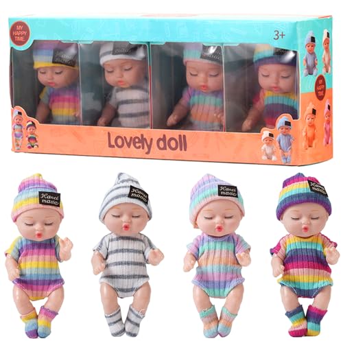 Wedhapy Mini Babypuppen 4pcs 4 Zoll realistisch schlafend kleine Babypuppen mit Kleidung auf 4 Farben bewegliche Gelenk winzige Puppe, Geschenke für Mädchen, gestreifte Kleidung von Wedhapy