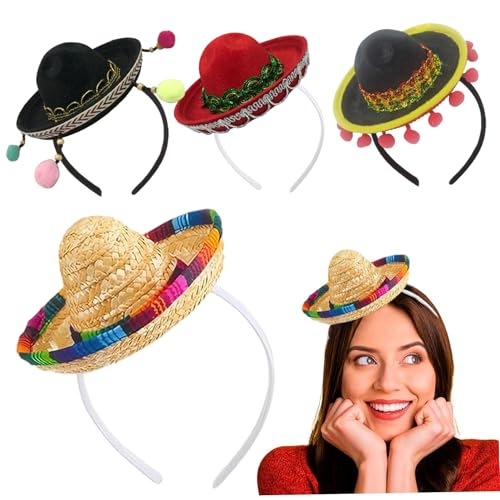 Wedhapy Mini-Sombrero-Hüte 4-teiliger mexikanischer Hut mit elastischem Stirnband mexikanisches Sombrero-Stirnband für Foto-Requisiten für Themenpartys Wedhapy Mini-Sombrero-Hüte 4-teiliger mexikanischer Hut mit elastischem Stirnband mexikanisches Sombrero-Stirnband für Foto-Requisiten für Themenpartys von Wedhapy
