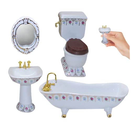 Wedhapy Puppenhaus Badezimmerset inklusive Toilette Badewanne Waschbecken Spiegel 1:12 Puppenhausmöbel Spielzeug mit Blumenmuster für Puppenhauszubehör Puppenhaustoilette Wedhapy Puppenhaus Badezimmerset inklusive Toilette Badewanne Waschbecken Spiegel 1:12 Puppenhausmöbel Spielzeug mit Blumenmuster für Puppenhauszubehör Puppenhaustoilette von Wedhapy